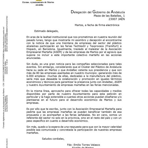 El Ayuntamiento exige a la Junta de Andalucía la participación de las empresas marteñas en citas de referencia del sector del plástico