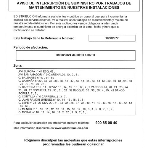 Cortes en el suministro eléctrico para el viernes día 9