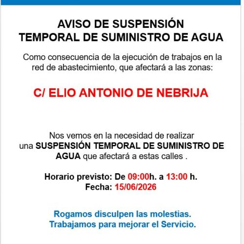 Aqualia nos informe de un corte de agua por trabajos en la red de abastecimiento en la calle Elio Antonio de Nebrija