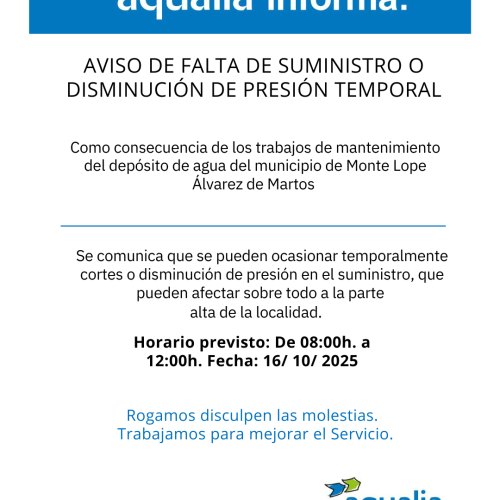 Aviso de Aqualia: incidencias en el suministro de agua en Monte Lope Álvarez