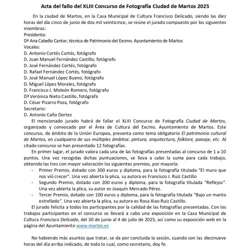 Acta del fallo del XLIII Concurso de Fotografía Ciudad de Martos 2025