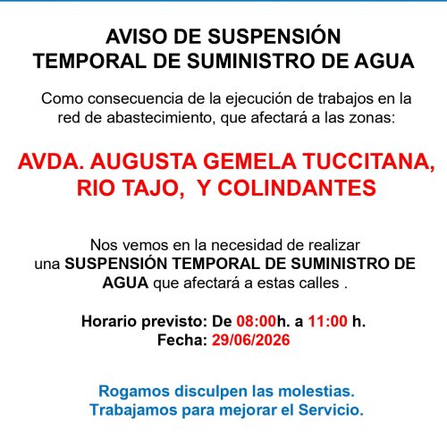 Aqualia nos informa de un corte de agua por avería para hoy 29 de junio