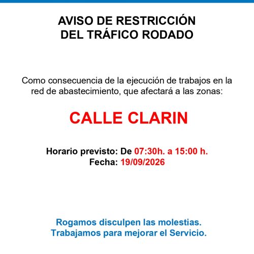 Corte de tráfico en la calle Clarín por trabajos de Aqualia