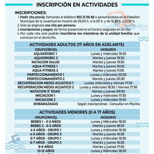 INSCRIPCIÓN DE ACTIVIDADES EN LA PISCINA CUBIERTA
