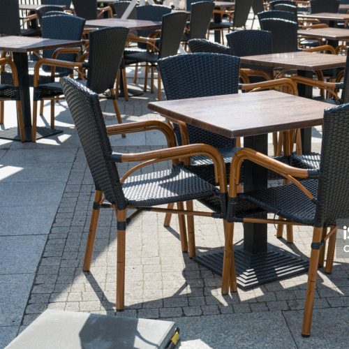 Street Restaurant Table, Empty Cafe Tables, Bistro Seat, Bar Terrace, Outdoor Restaurants, Cafeteria, Outside Trattoria, City Coffee Shops Furniture, Summer Street Table